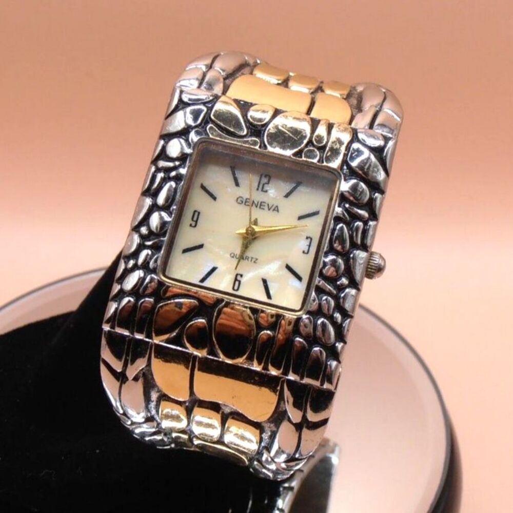 Geneva Women's Analog Watch Silver & Gold Toned Snakeskin Cuff Band